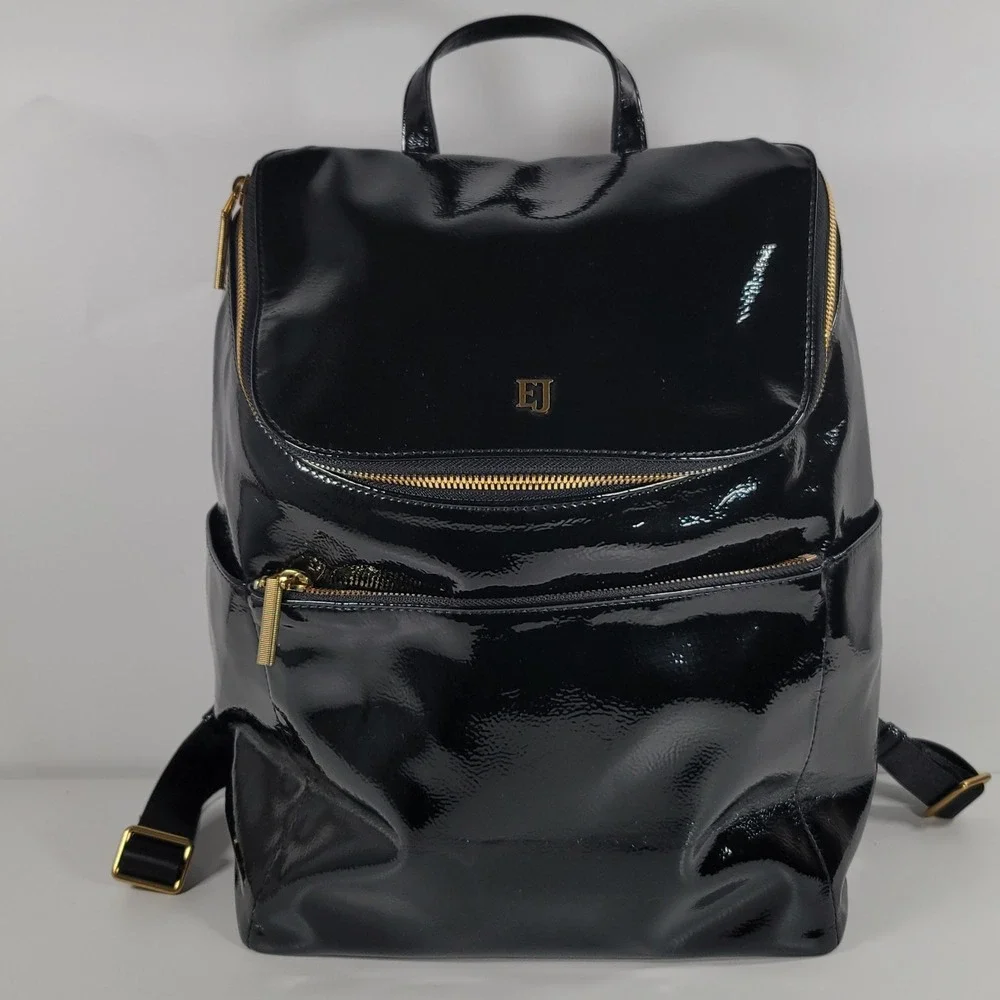 Eric Javits New York Black Patent Leather Backpack Gold Hardware NWT